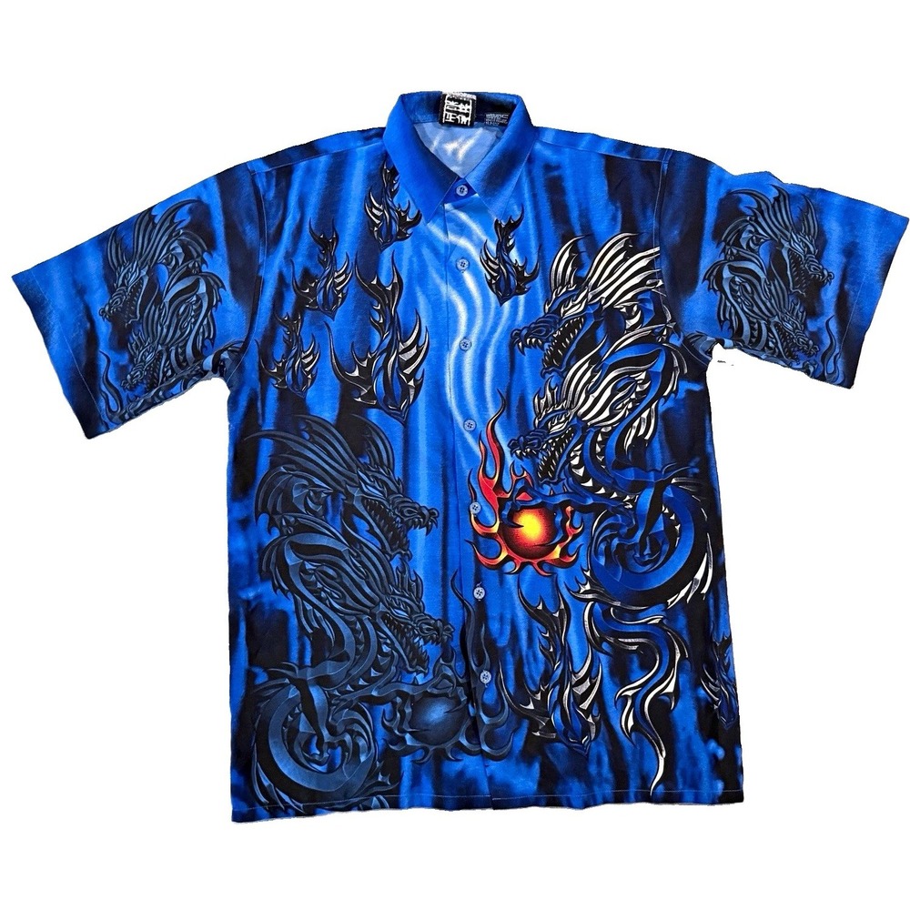 Vintage Authentic Shaolin Blue Dragon Flame Button Up Shirt Mens S/M Youth L Y2K